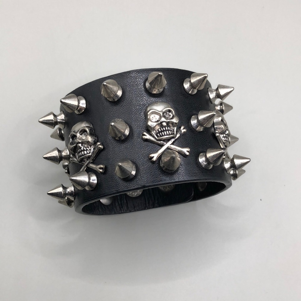 Leather metal spike skull and bones wide cuff bracelet, biker, goth, metal.